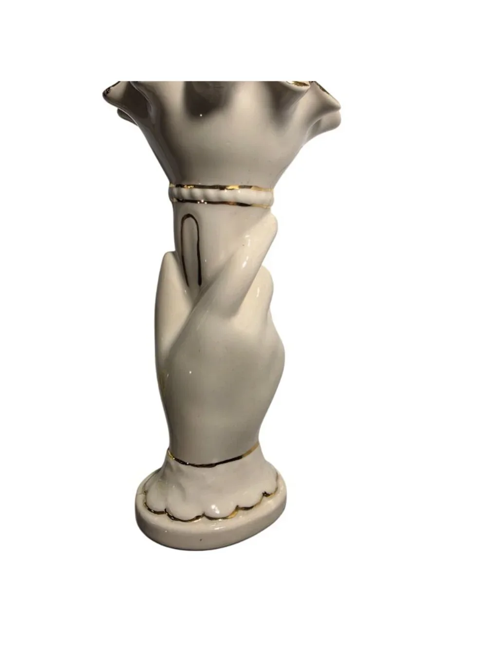 Vtg Vase Ceramic Hand Fluted Signed 1958 ruffle cream gold tone fingers torch